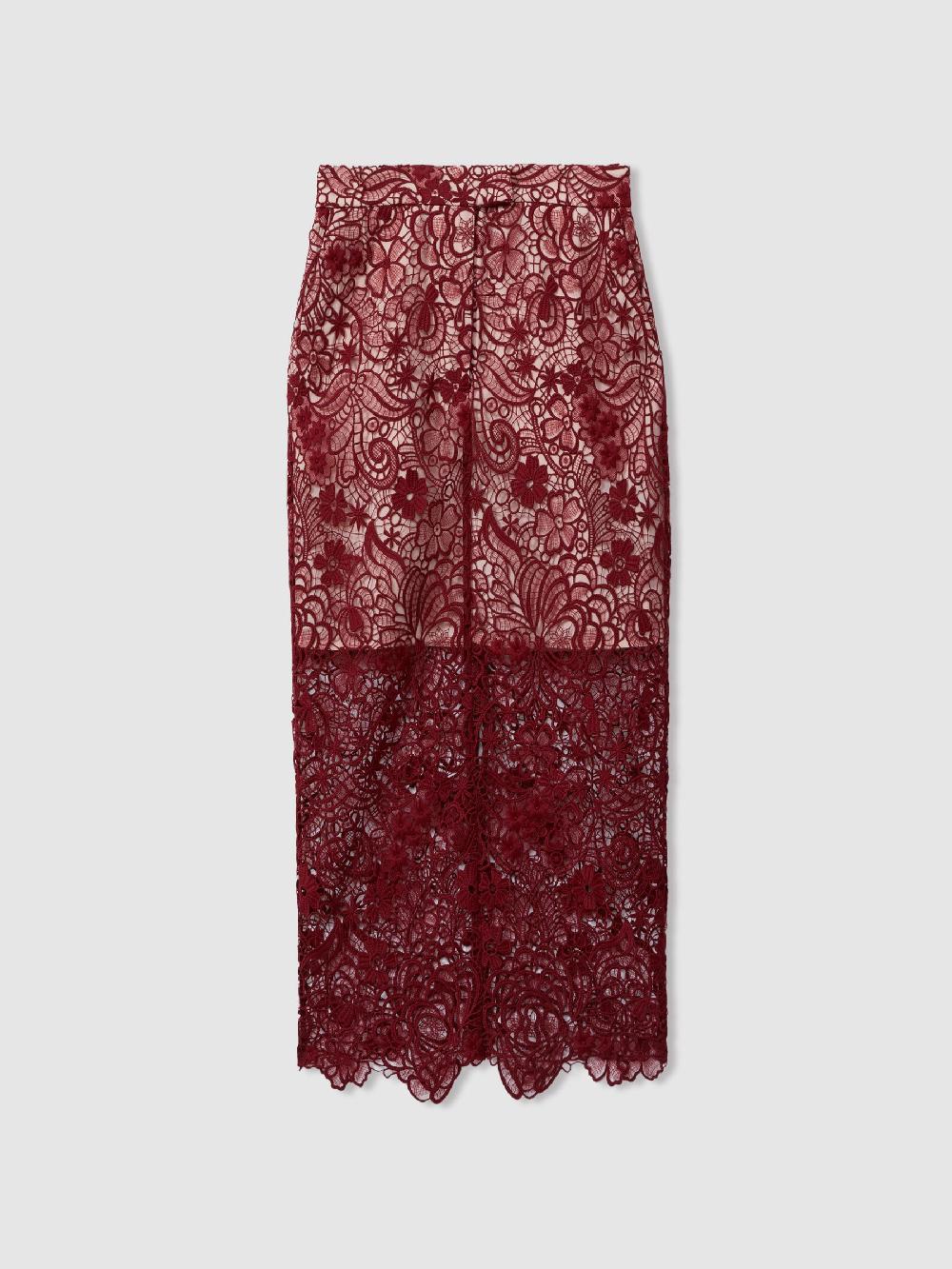 Reiss Sheer Lace Midi Pencil Skirt In Burgundy