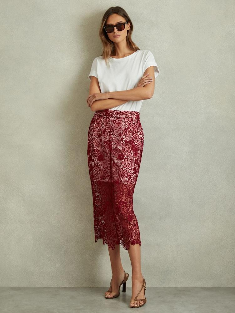 reiss Sheer Lace Midi Pencil Skirt in Burgundy