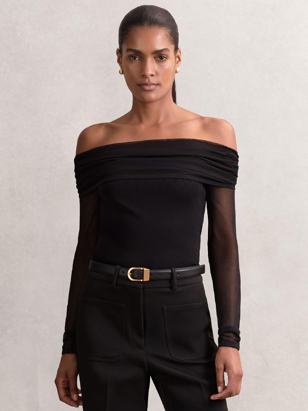 Reiss Sheer Mesh Bardot Top In Black