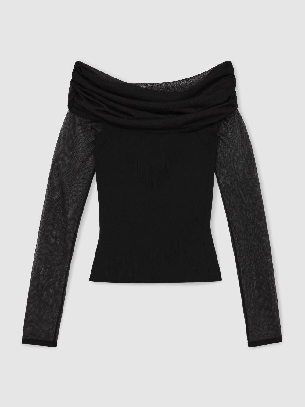 Reiss Sheer Mesh Bardot Top In Black