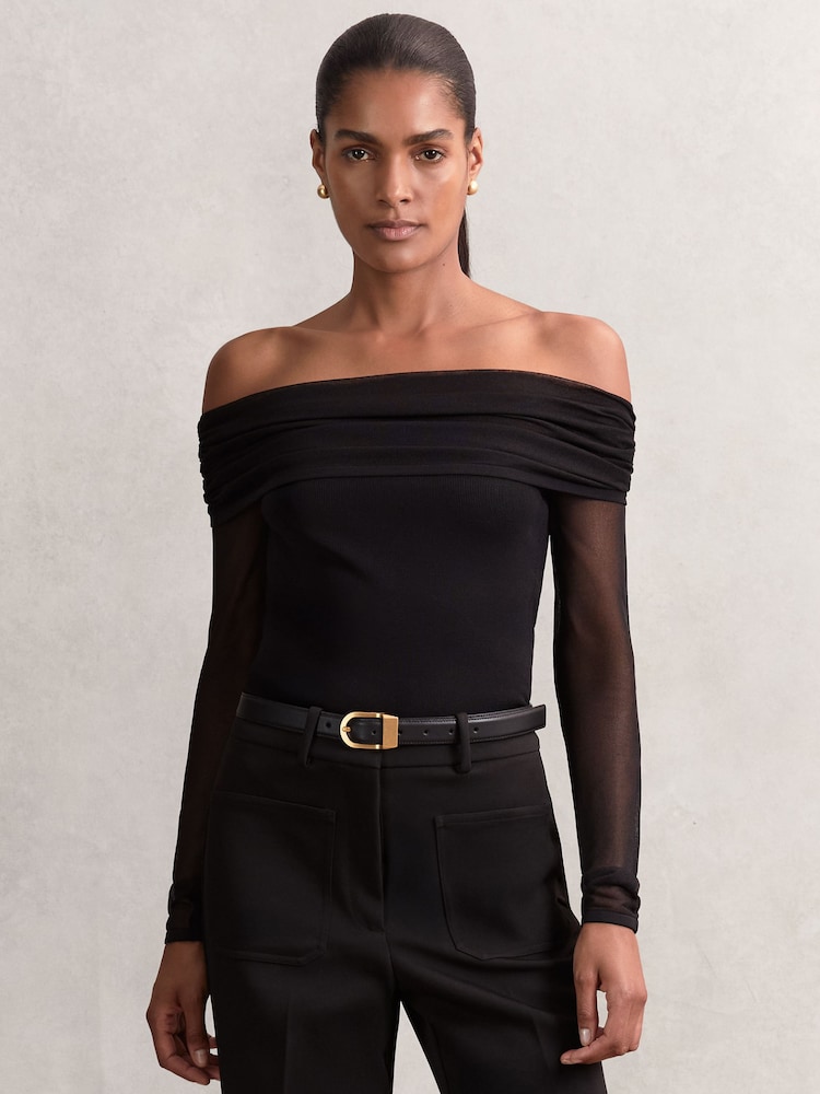 reiss Sheer Mesh Bardot Top in Black