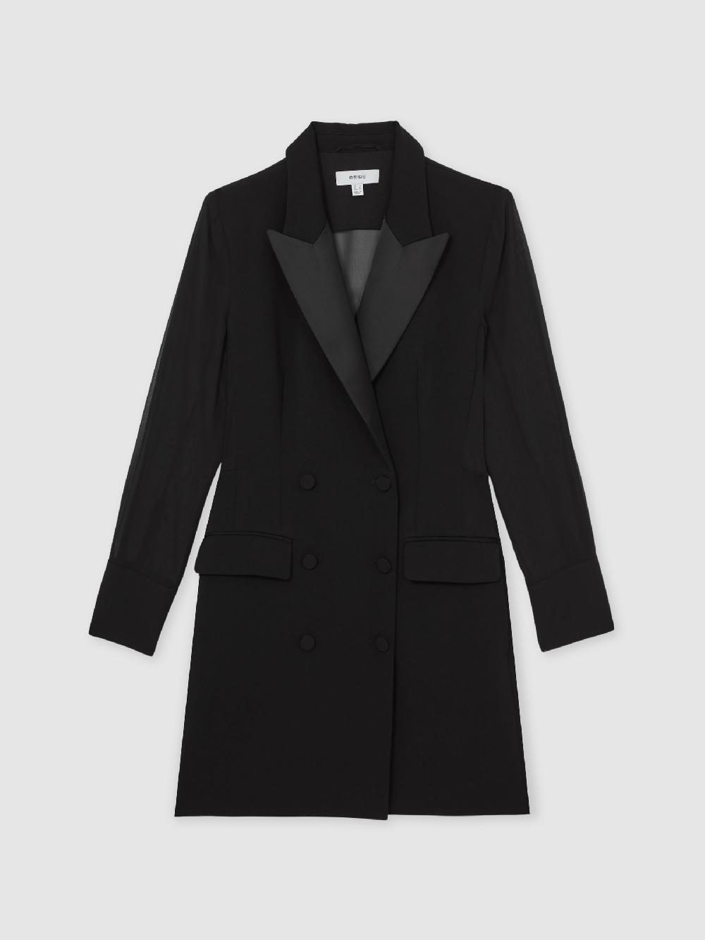 Reiss Sheer-Sleeve Tuxedo Mini Dress In Black
