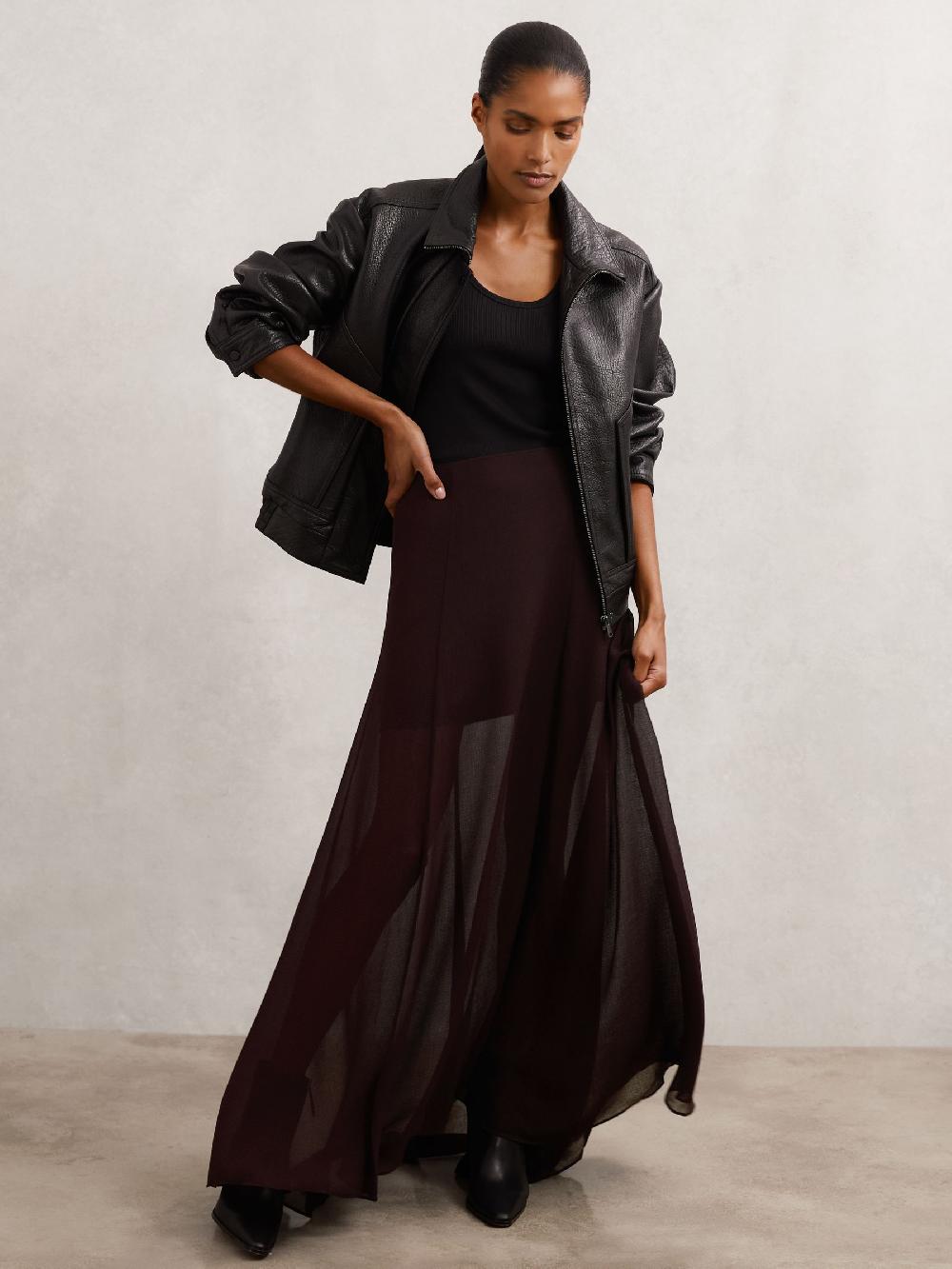 Reiss Sheer Textured Maxi Skirt In Chocolate Brown