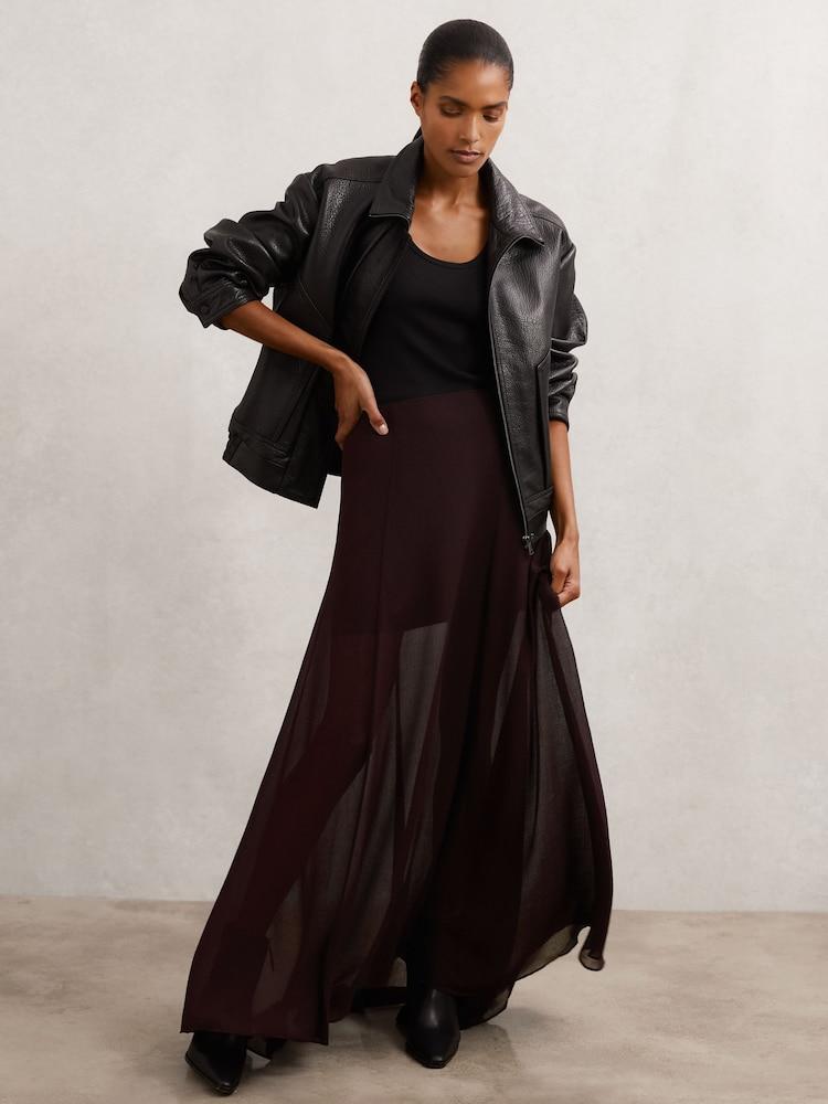 reiss Sheer Textured Maxi Skirt in Chocolate Brown