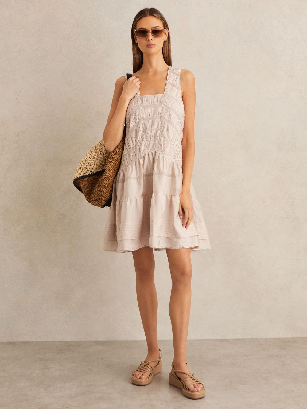 Reiss Shirred Ruffle Hem Mini Dress In Neutral
