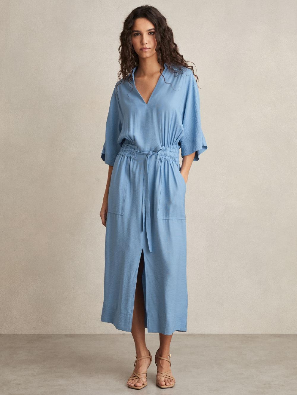 Reiss Shirred-Waist Midi Shirt Dress In Blue