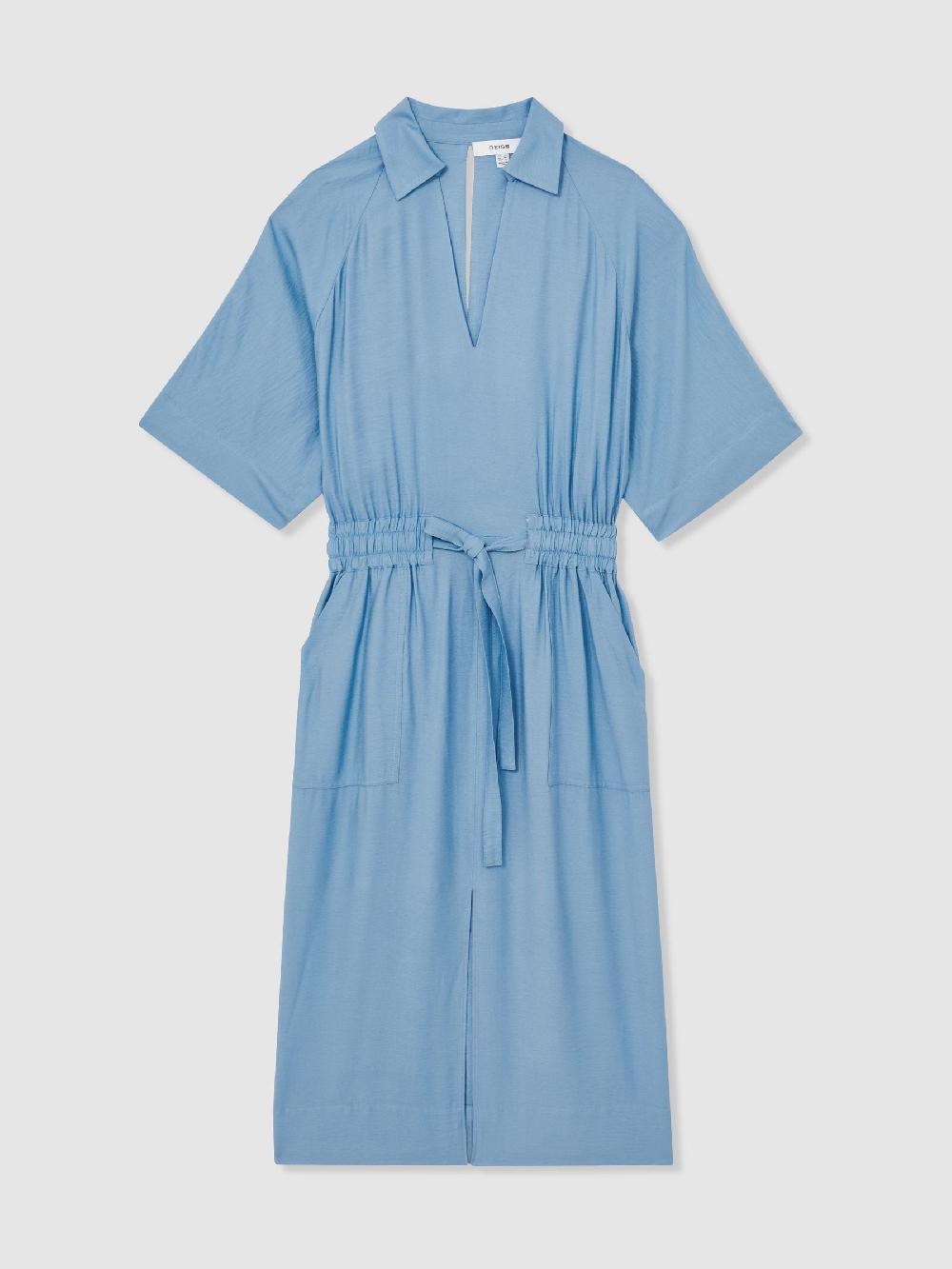 Reiss Shirred-Waist Midi Shirt Dress In Blue