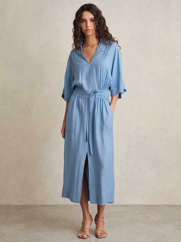 reiss Shirred-Waist Midi Shirt Dress in Blue