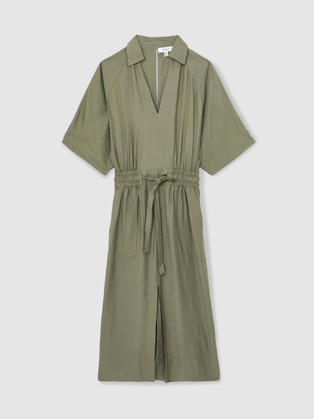 Reiss Shirred-Waist Midi Shirt Dress In Khaki