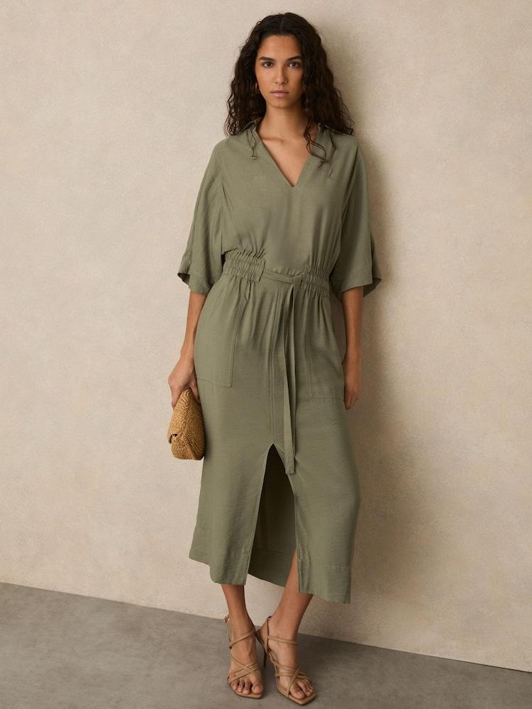 reiss Shirred-Waist Midi Shirt Dress in Khaki