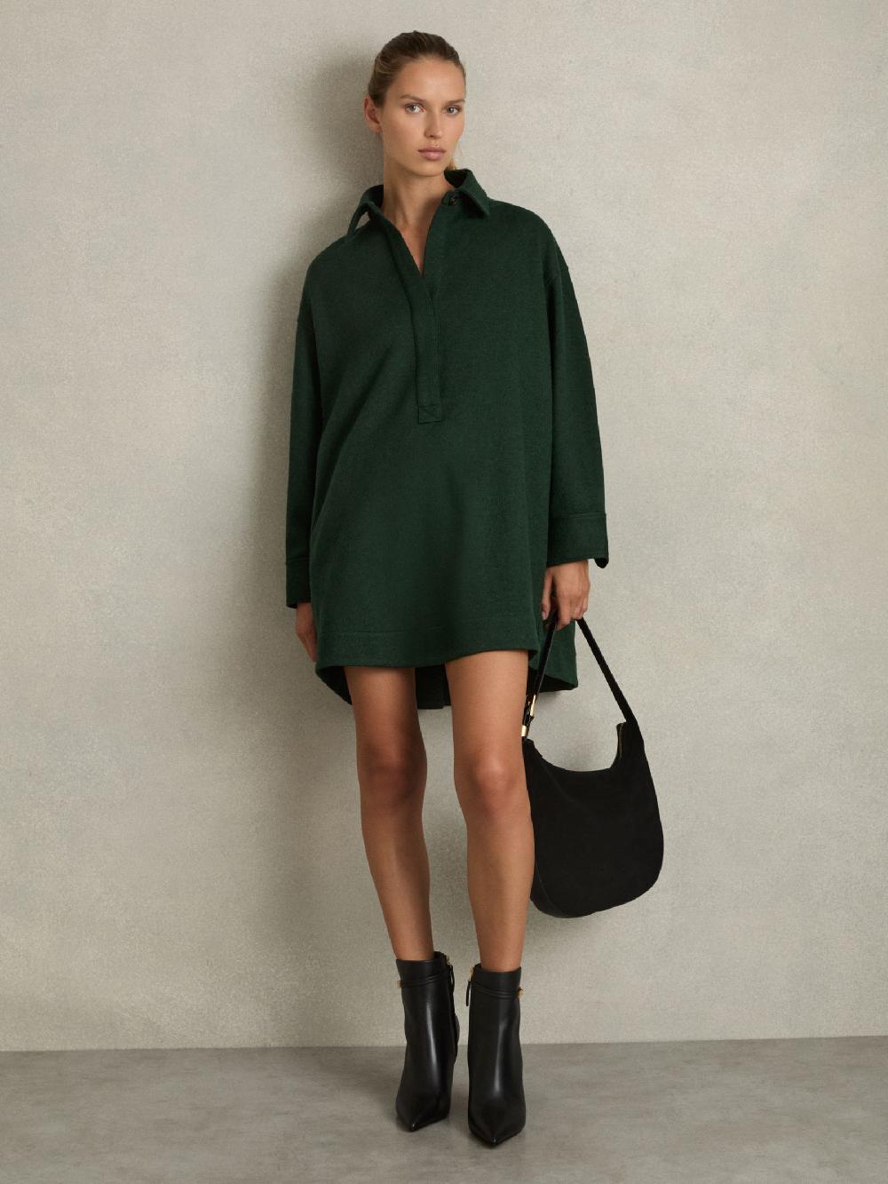 Reiss Shirt-Style Shift Dress With Wool In Green