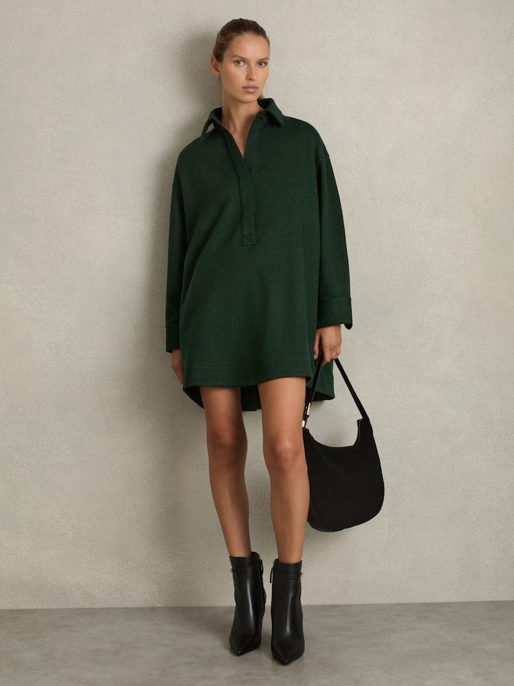 reiss Shirt-Style Shift Dress With Wool in Green