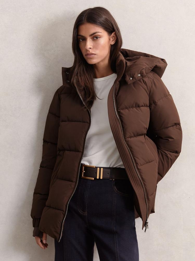 reiss Short Hooded Puffer Coat in Chocolate Brown