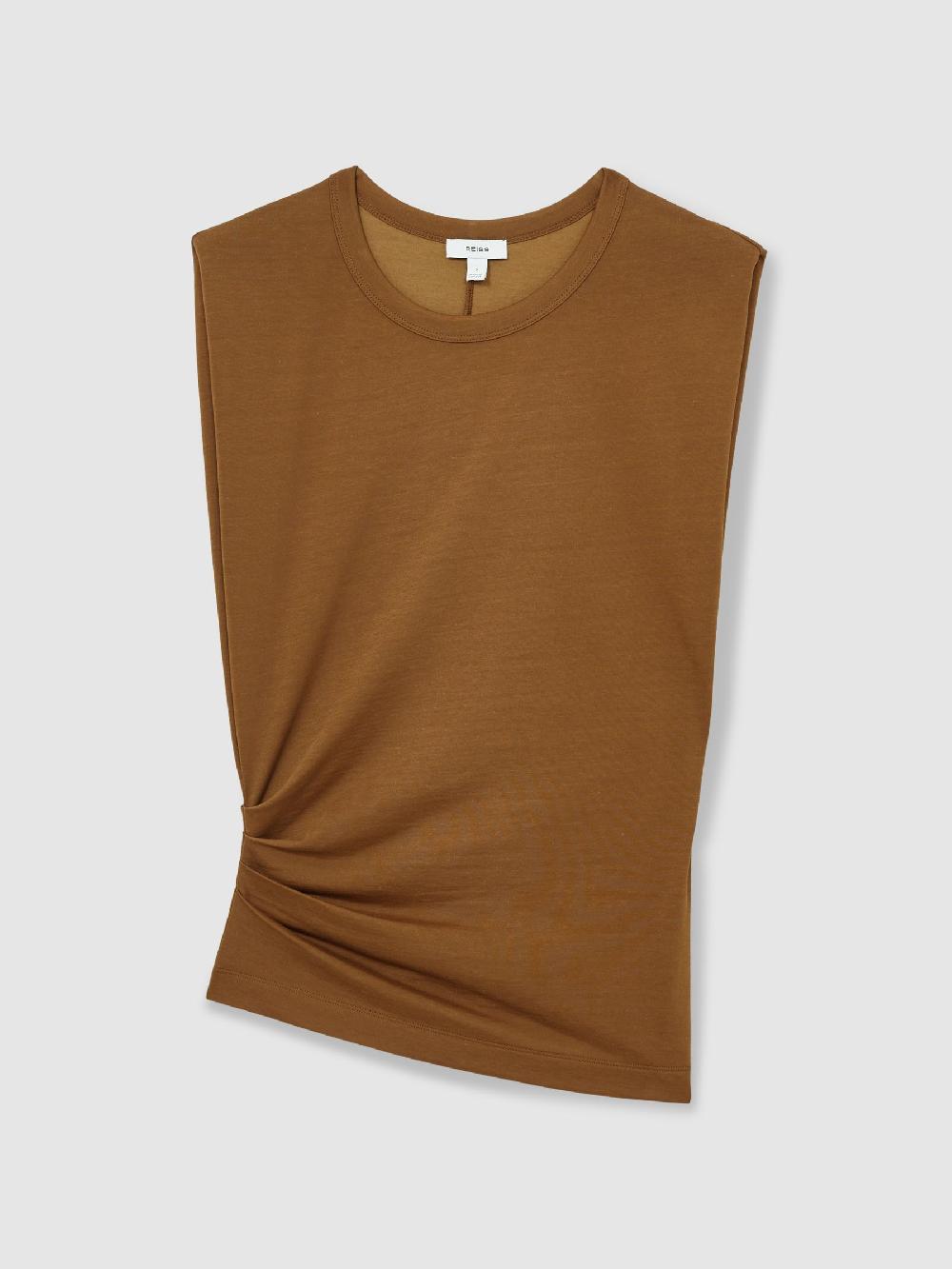 Reiss Shoulder-Pad Ruched Jersey Top In Ochre