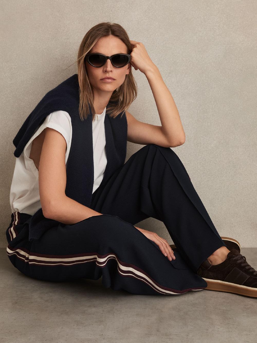 Reiss Side-Stripe Wide-Leg Trousers In Navy
