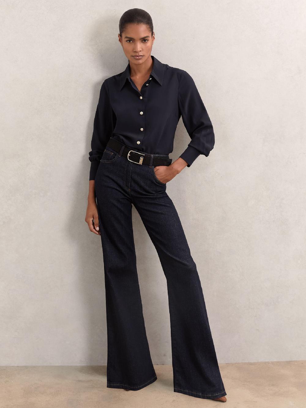 Reiss Silk Embossed-Button Shirt In Navy