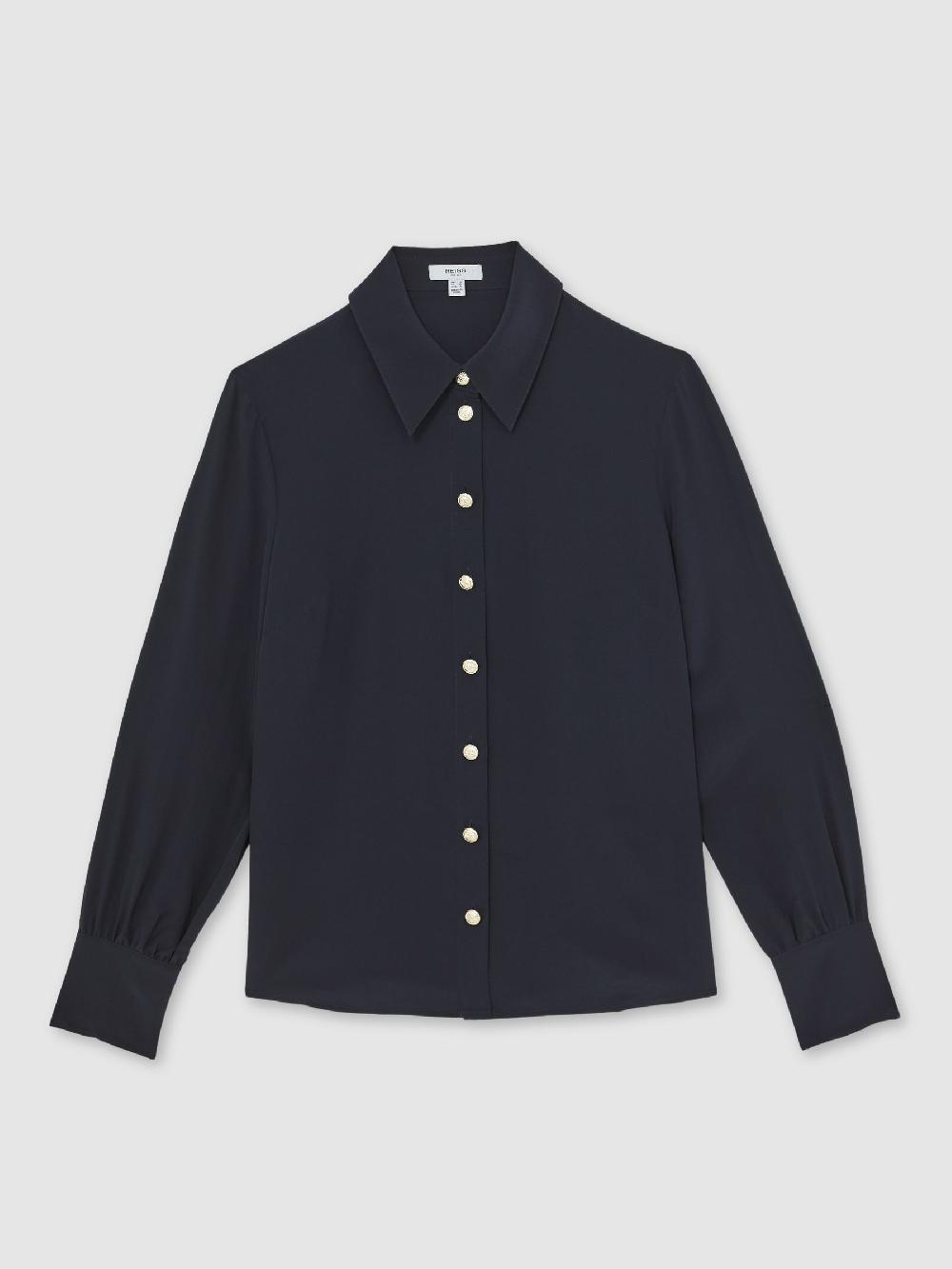 Reiss Silk Embossed-Button Shirt In Navy