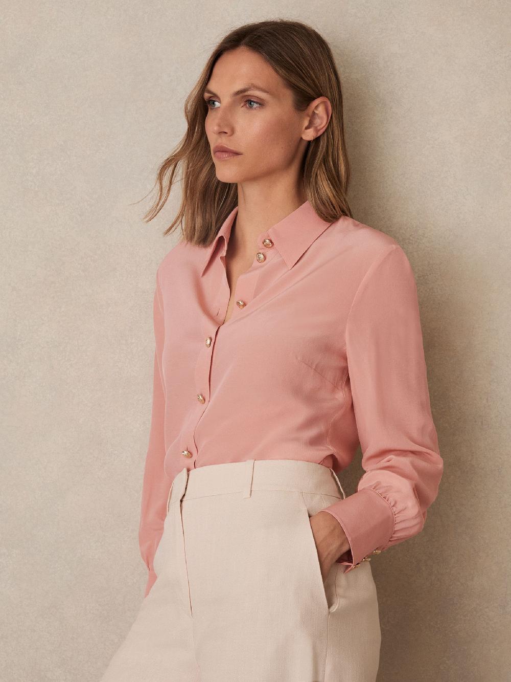 Reiss Silk Embossed-Button Shirt In Pink