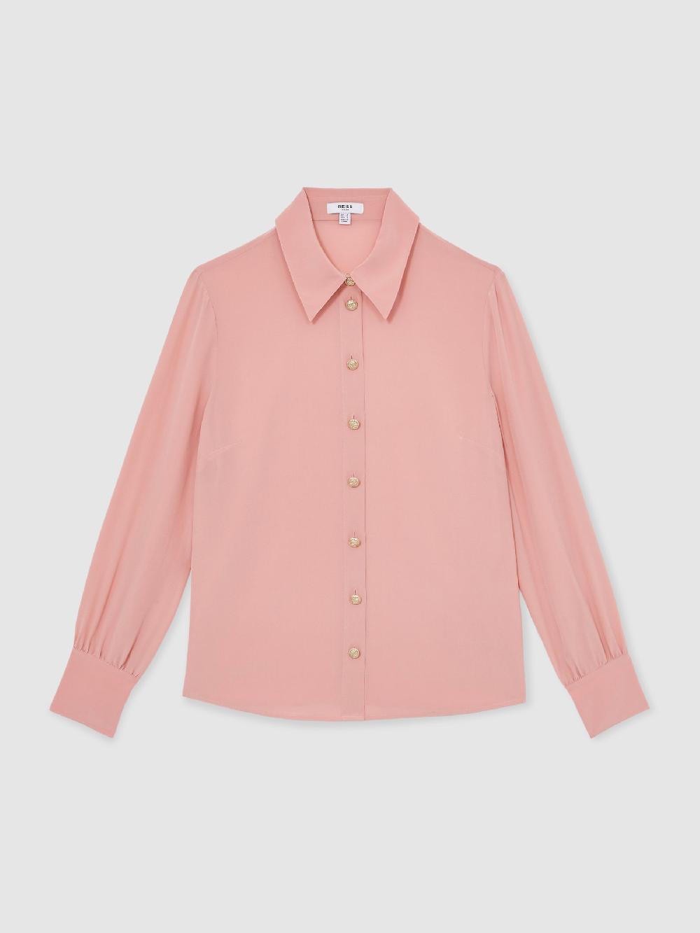 Reiss Silk Embossed-Button Shirt In Pink