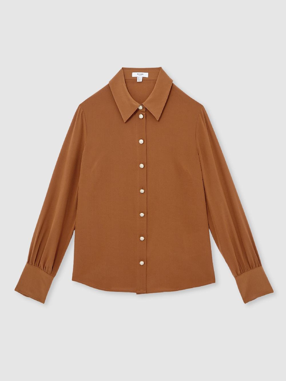 Reiss Silk Embossed-Button Shirt In Tan Brown