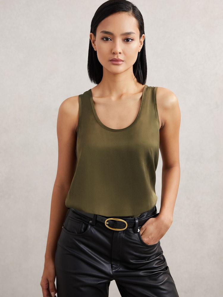reiss Silk-Front Cami Top in Khaki Green