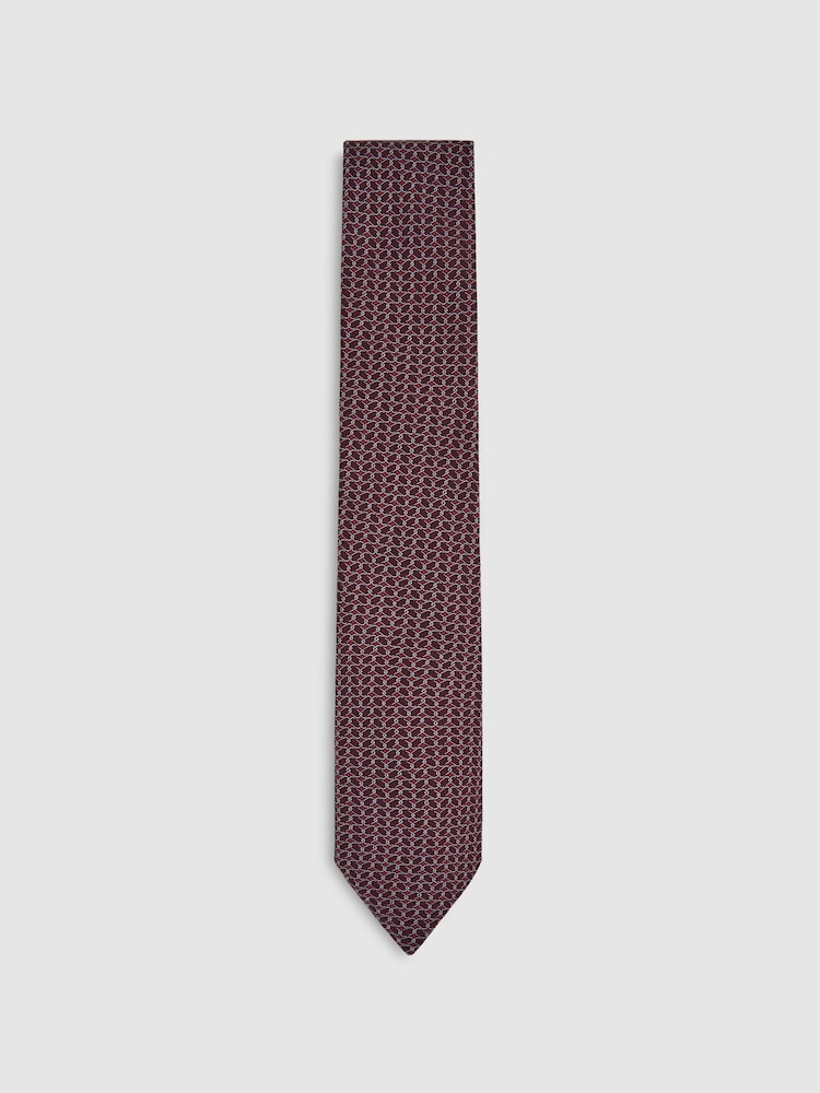 reiss Silk Geometric-Chain Print Tie in Bordeaux