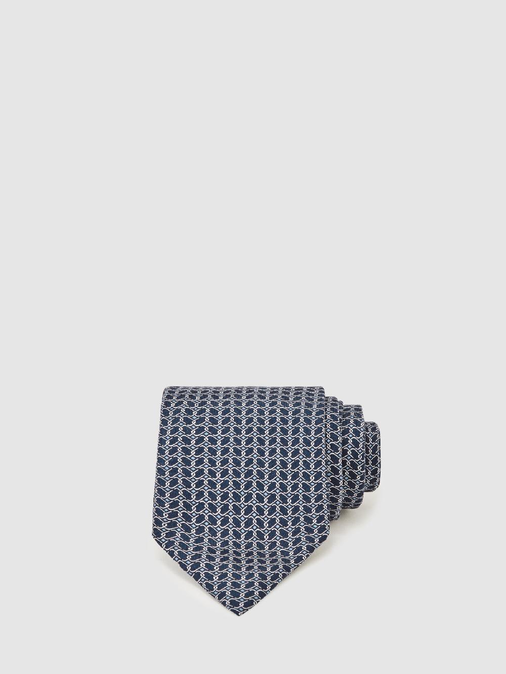 Reiss Silk Geometric-Chain Print Tie In Navy