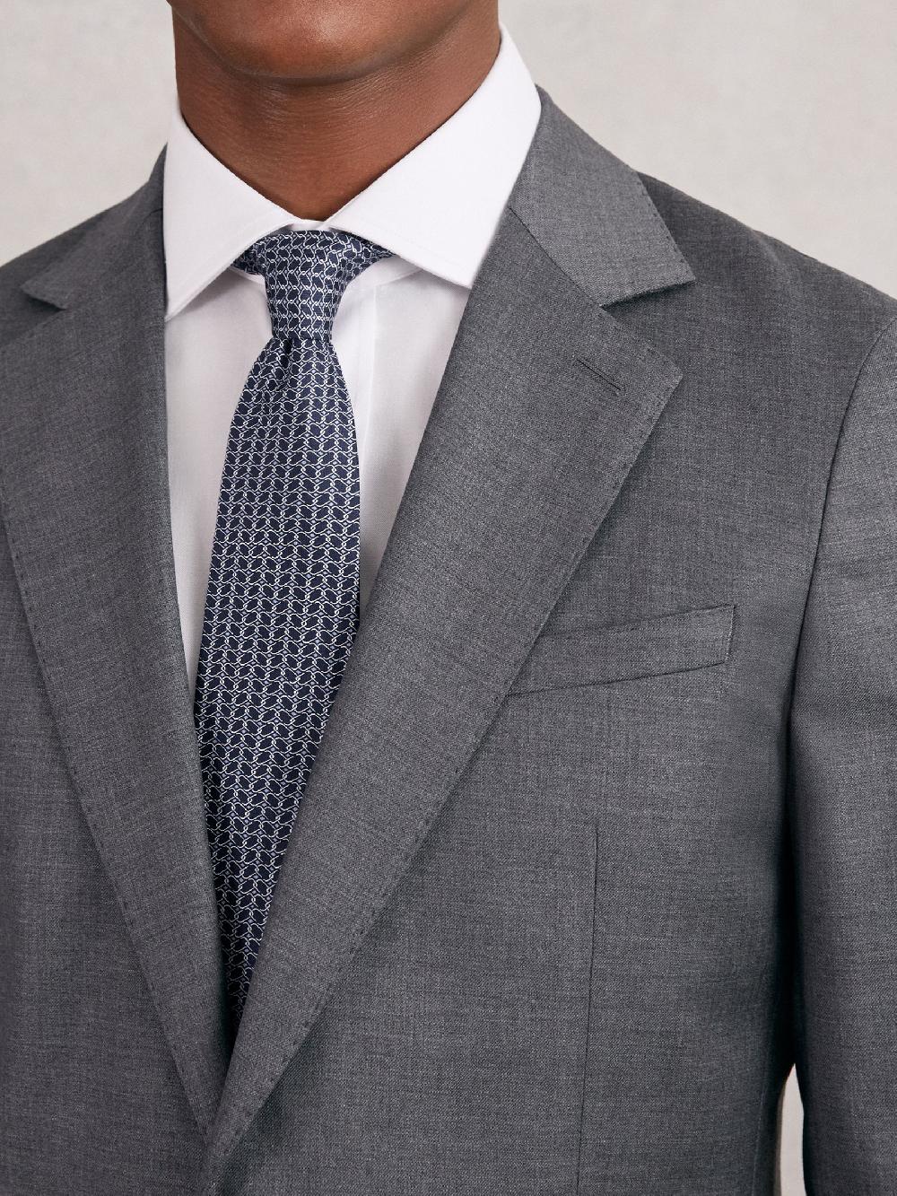 Reiss Silk Geometric-Chain Print Tie In Navy