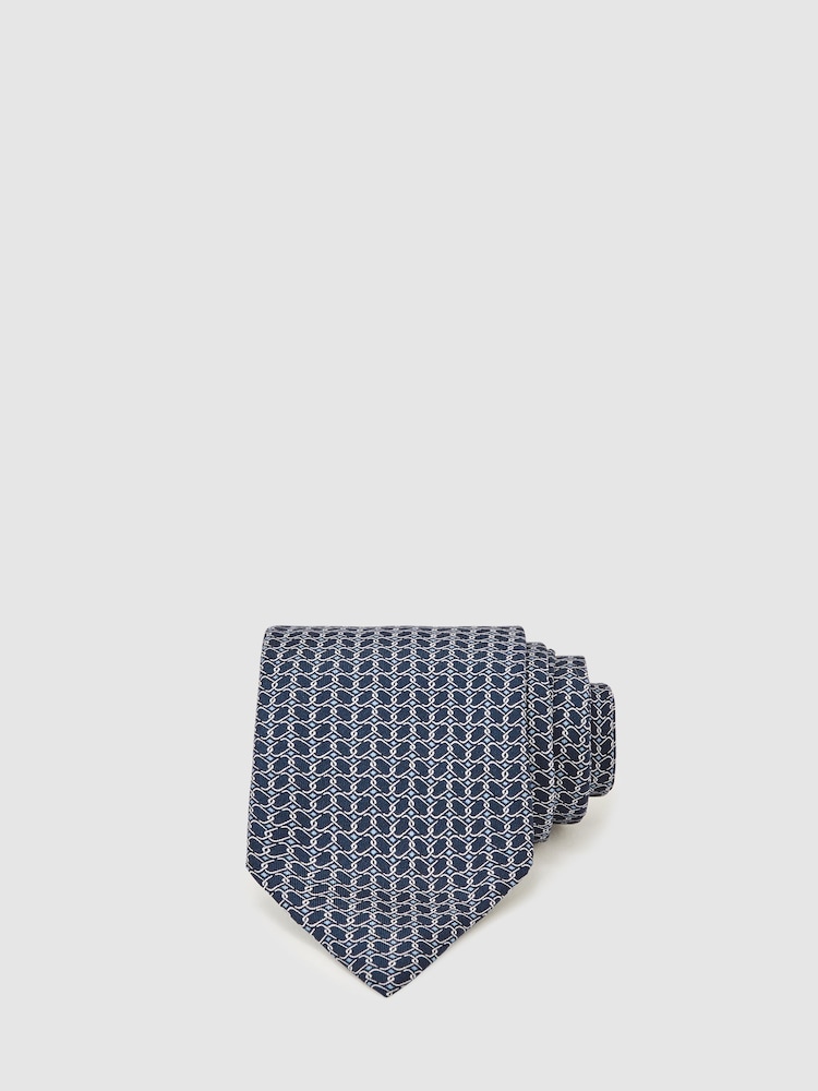 reiss Silk Geometric-Chain Print Tie in Navy
