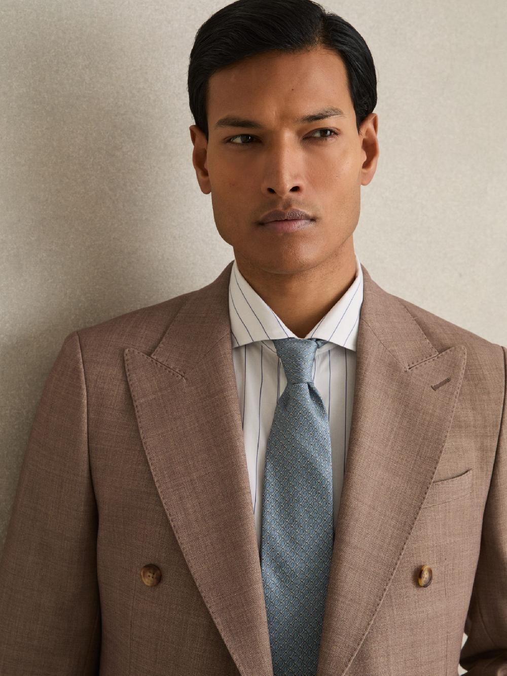 Reiss Silk Geometric-Print Tie In Soft Blue
