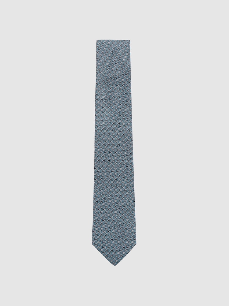 reiss Silk Geometric-Print Tie in Soft Blue