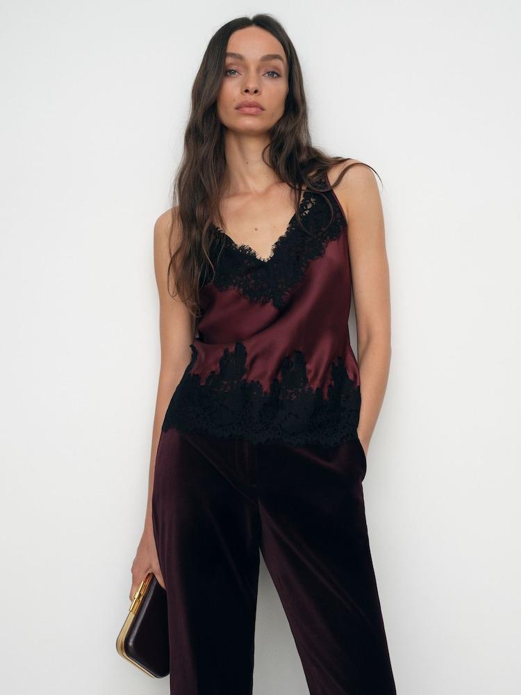 reiss Silk Lace-Trim Cami Top in Burgundy