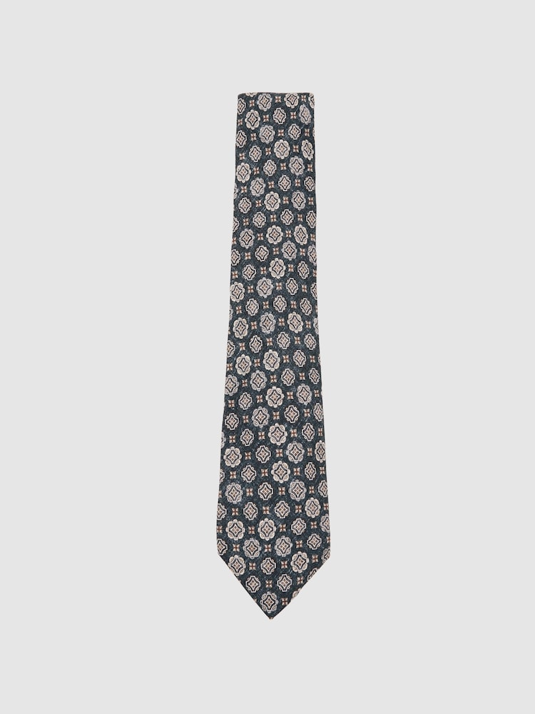 reiss Silk Medallion Print Tie in Indigo Melange