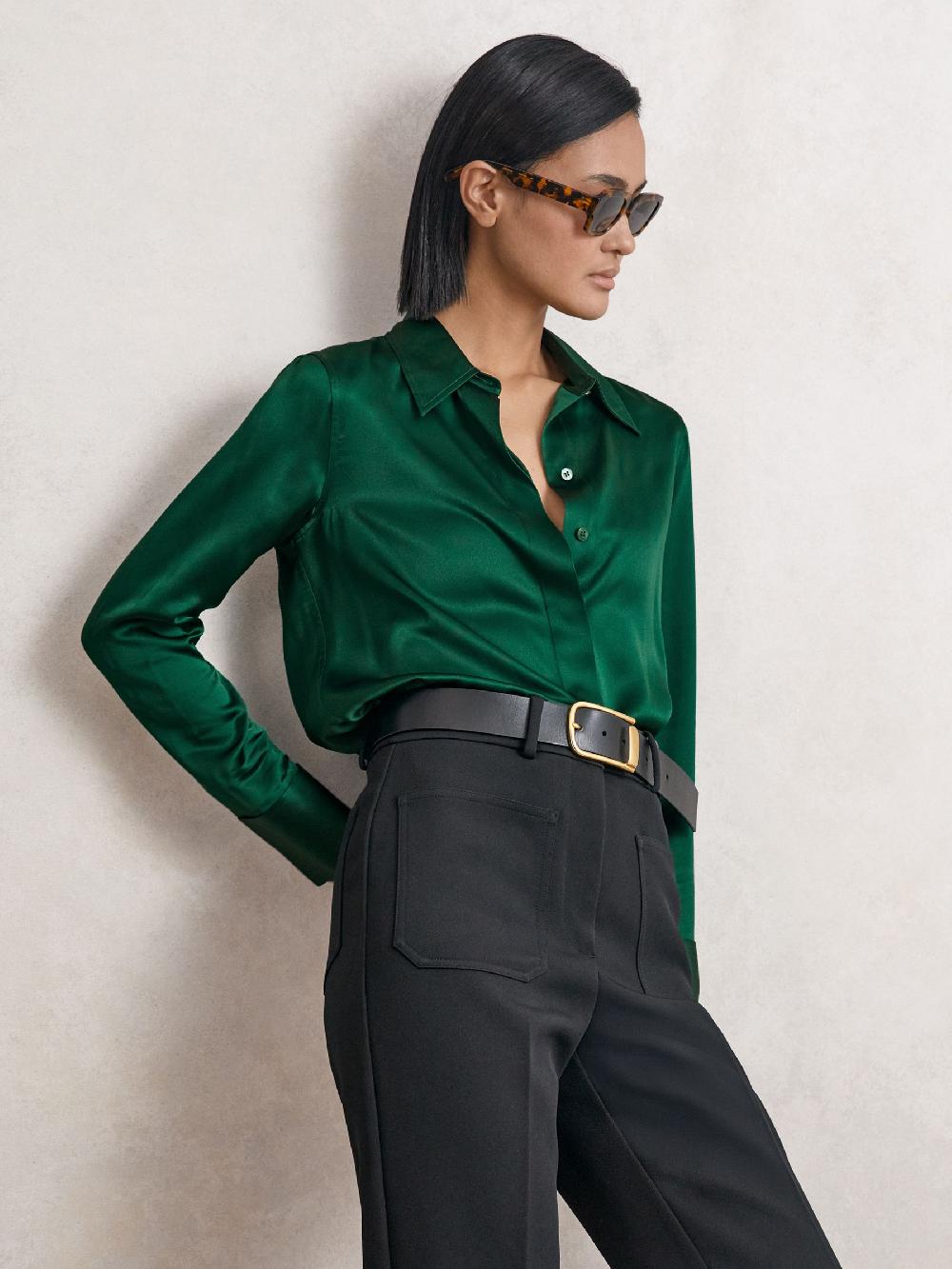 Reiss Silk-Satin Concealed-Placket Shirt In Green