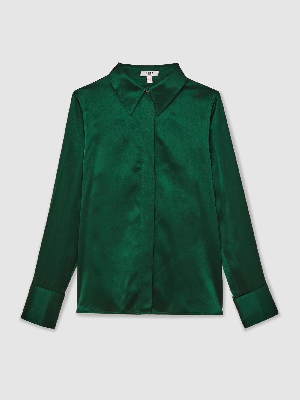 Reiss Silk-Satin Concealed-Placket Shirt In Green