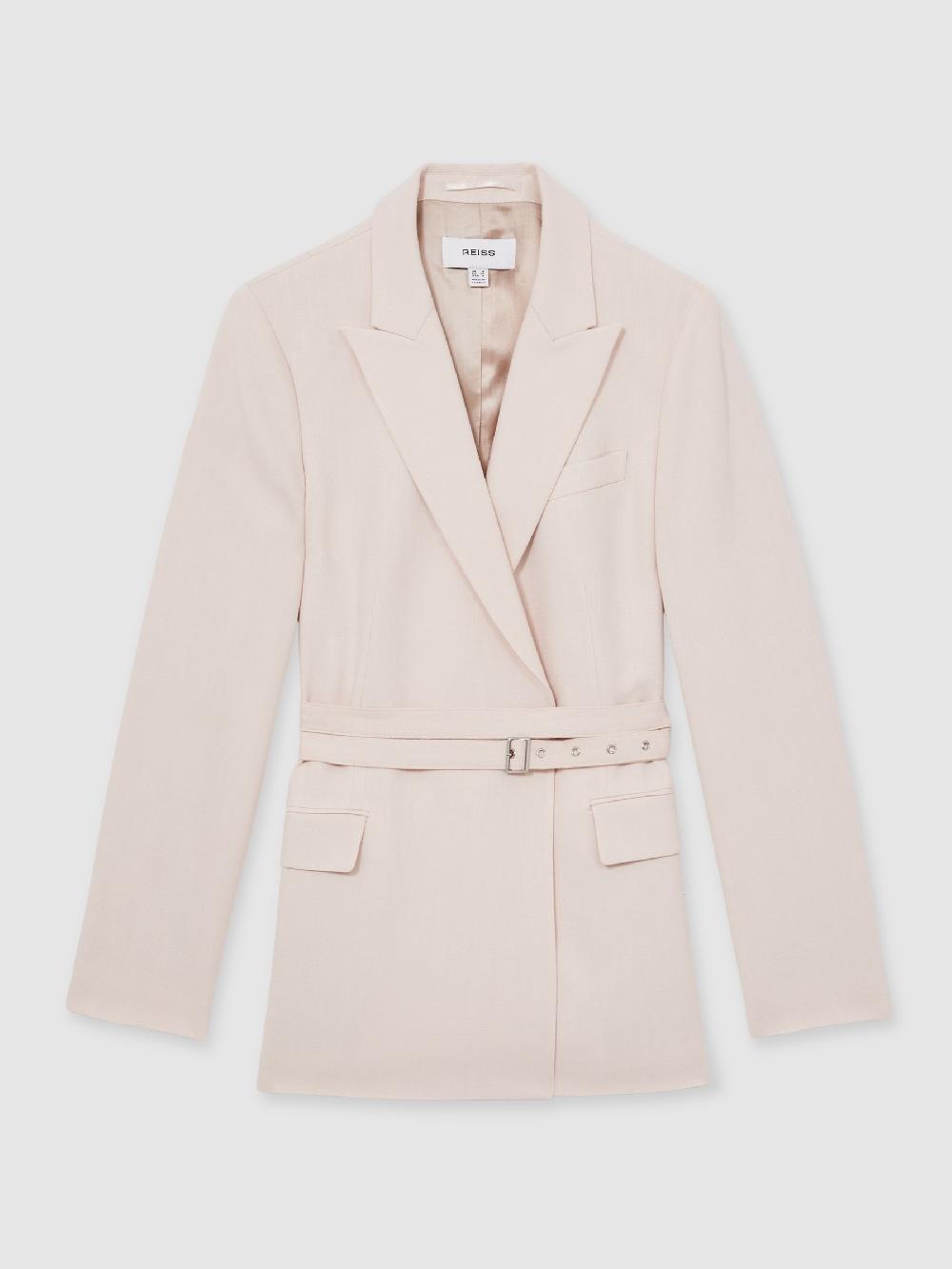 Reiss Single-Breasted Belted Suit Jacket In Pink