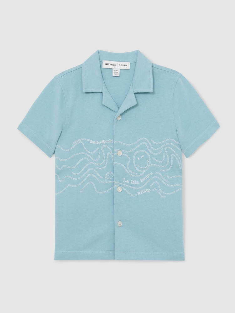 reiss Smiley World Embroidered Shirt in Sky Blue