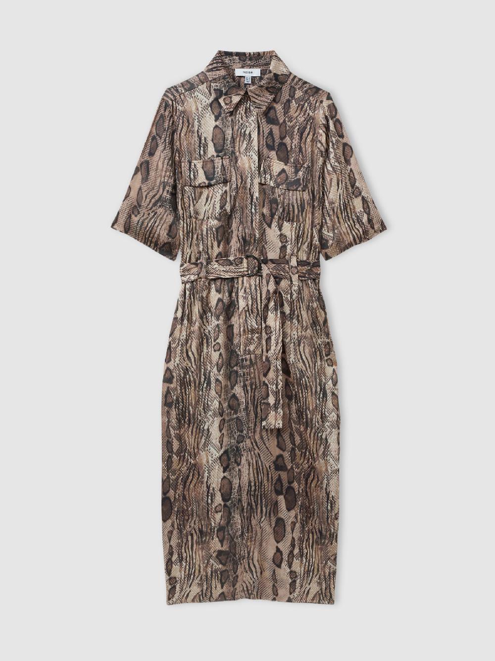 Reiss Snake Print Belted Midi Dress In Neutral