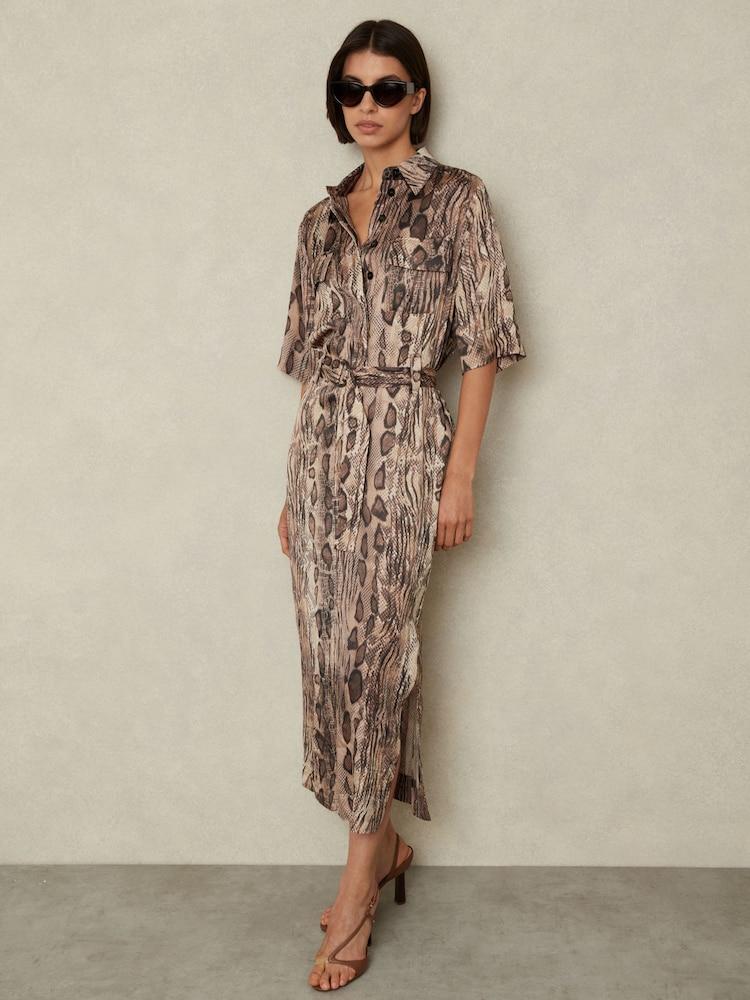 reiss Snake Print Belted Midi Dress in Neutral