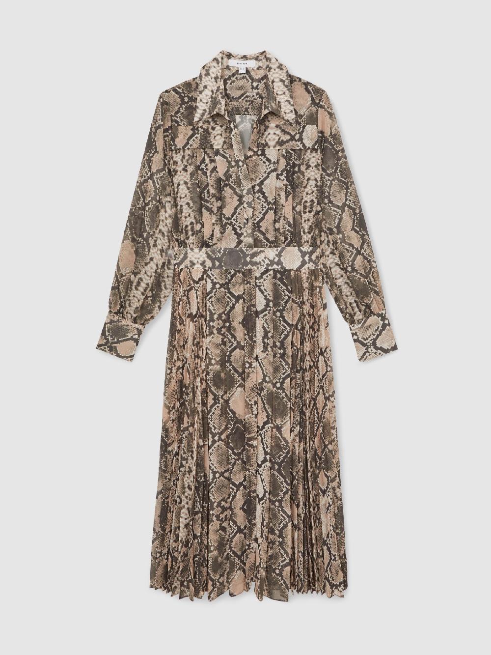 Reiss Snake-Print Pleated Midi Dress In Neutral