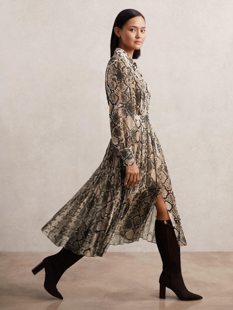 reiss Snake-Print Pleated Midi Dress in Neutral