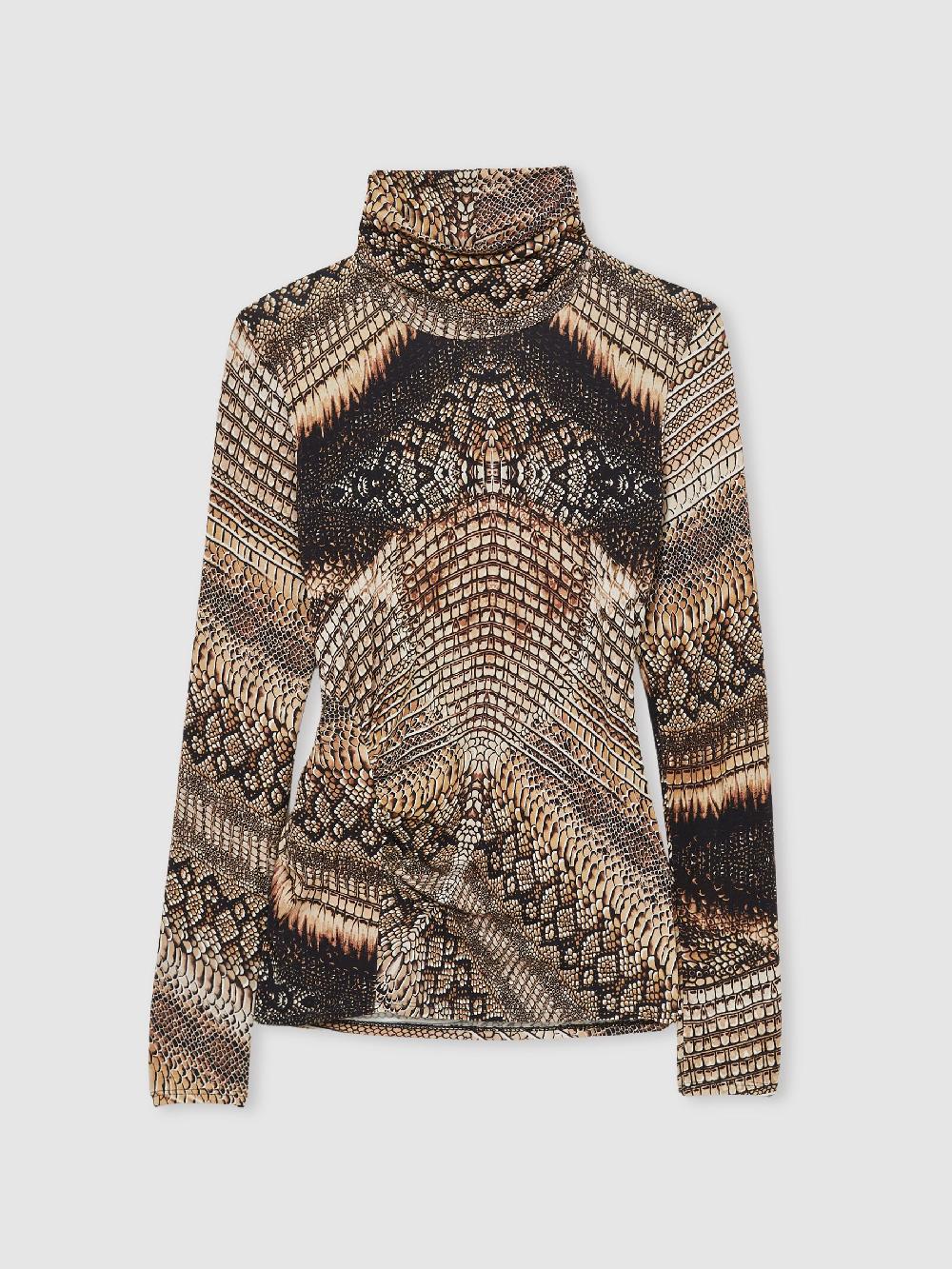 Reiss Snake-Print Roll-Neck Top In Brown