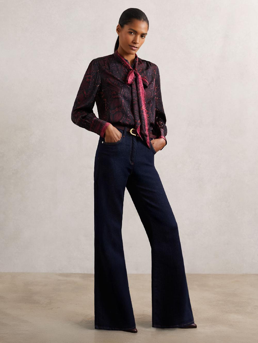 Reiss Snake-Print Tie-Neck Blouse In Burgundy