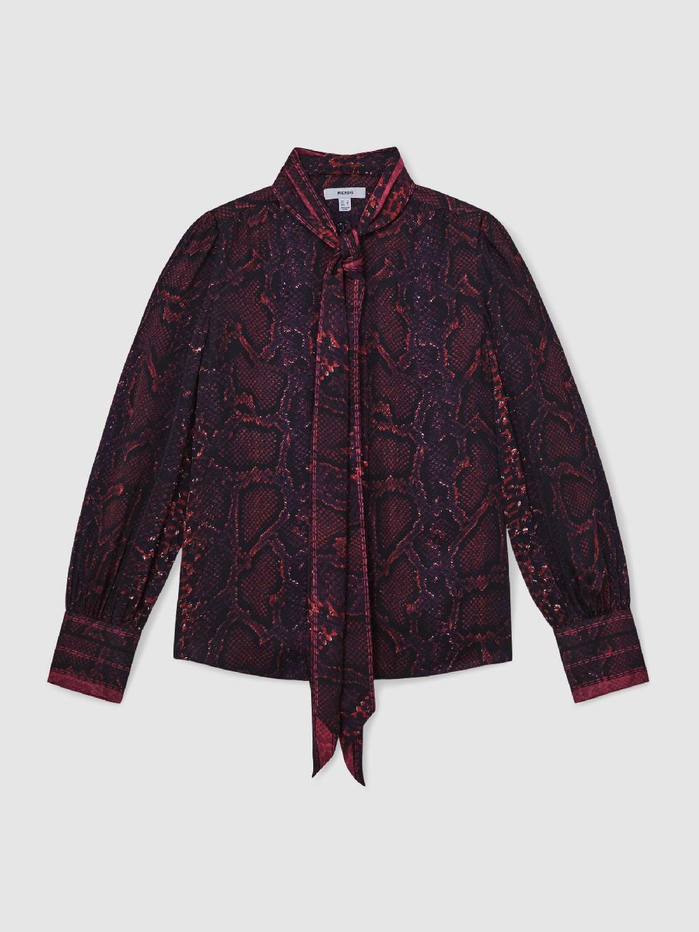 Reiss Snake-Print Tie-Neck Blouse In Burgundy