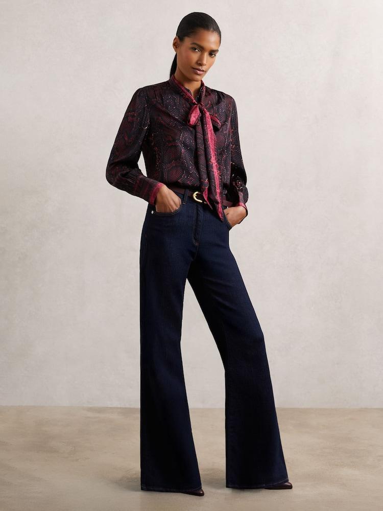 reiss Snake-Print Tie-Neck Blouse in Burgundy