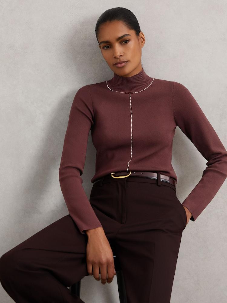 reiss Stitch-Detail Funnel-Neck Jumper in Burgundy