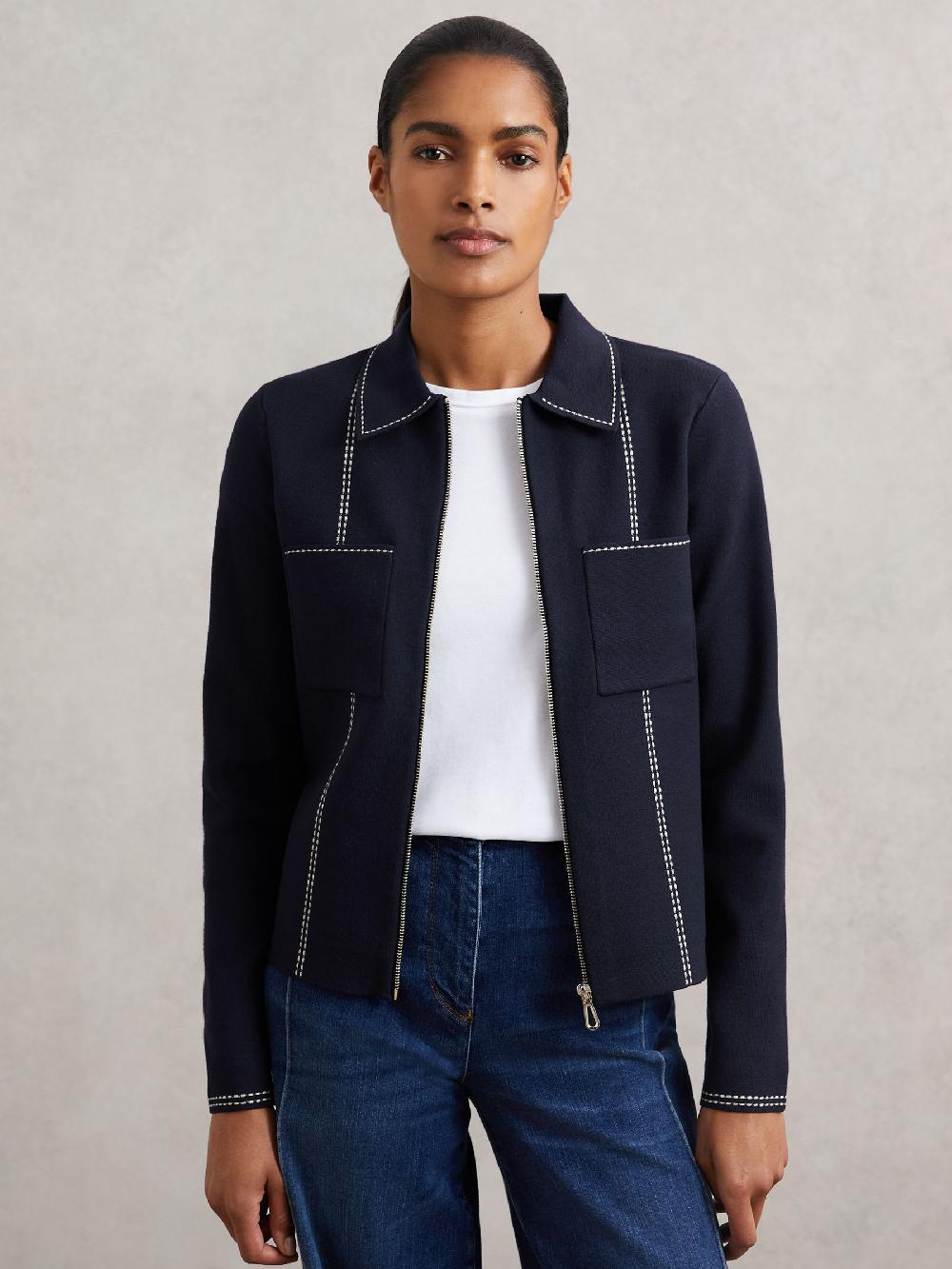 Reiss Stitch-Detail Zip-Through Cardigan In Navy