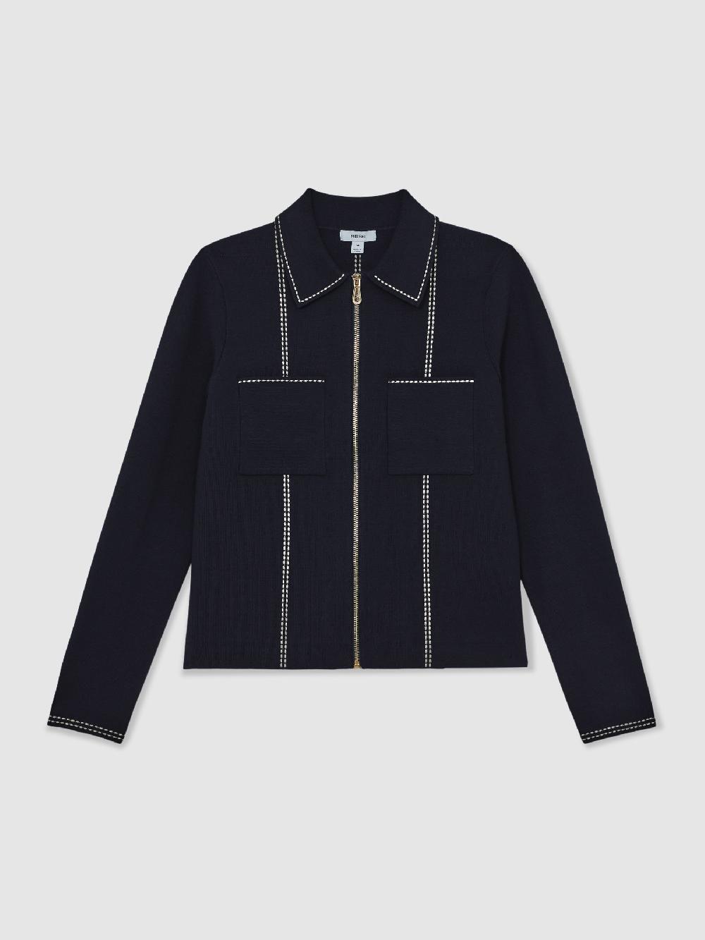 Reiss Stitch-Detail Zip-Through Cardigan In Navy