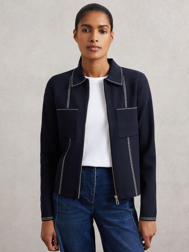 reiss Stitch-Detail Zip-Through Cardigan in Navy