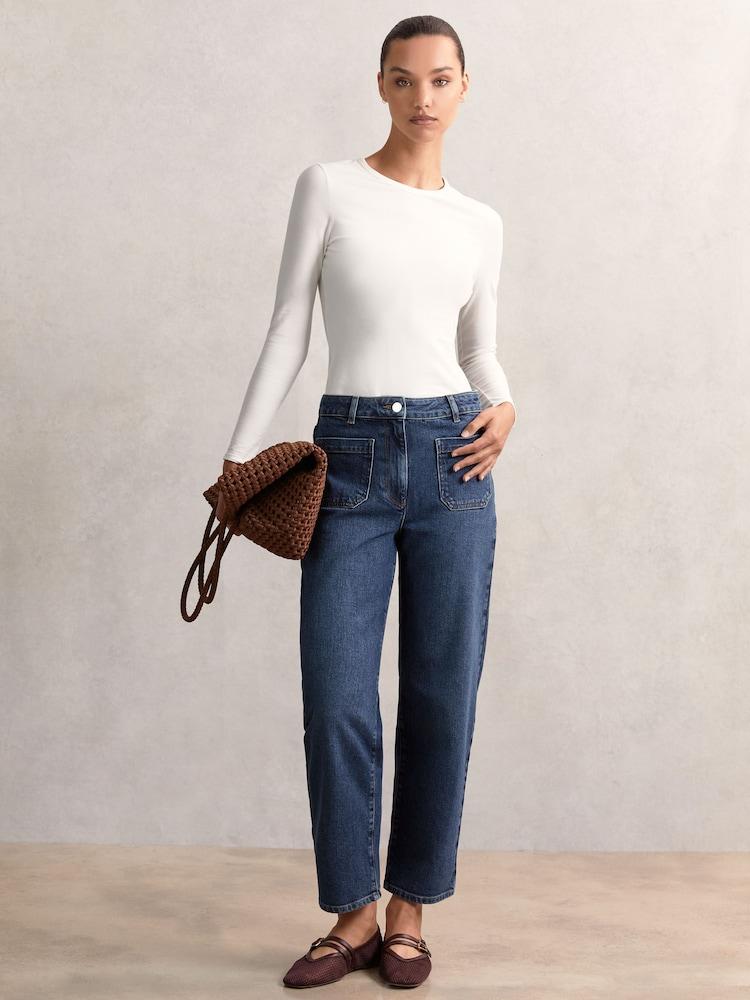 reiss Straight-Leg Patch-Pocket Jeans in Mid Blue